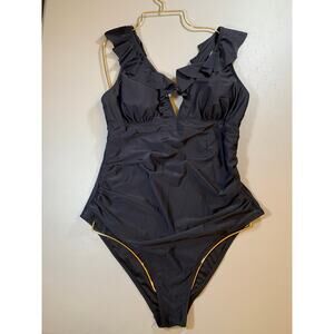 NWT Cupshe Ruffle Shoulder Black One Piece Swimsuit with Ruched Sides Size XL